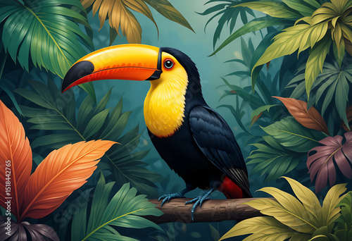 PNG vector of a toucan with a bright beak, sitting among tropical oil-painted leaves.
