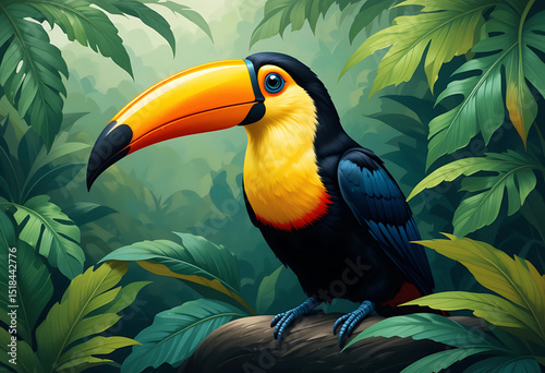 PNG vector of a toucan with a bright beak, sitting among tropical oil-painted leaves.

