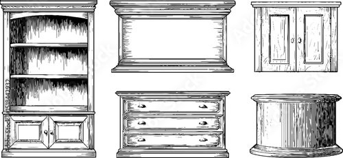 Vintage engraved illustration set of bookshelf and cabinet designs for home decor