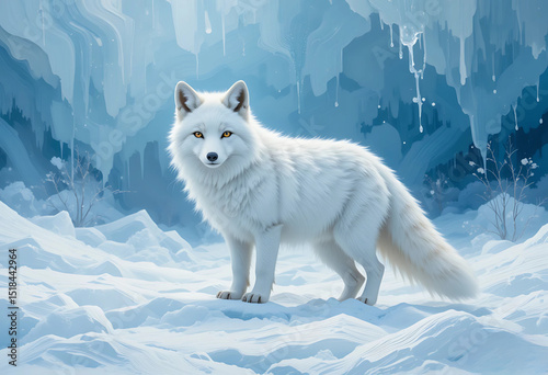 Arctic fox standing in the snow, cool oil textures in icy blue and white shades.
