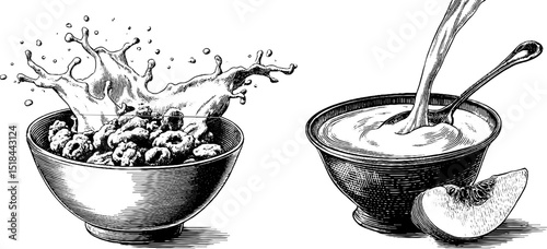 Engraved vintage illustration of cereal bowl and milk splash