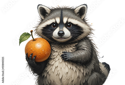 Chubby raccoon holding a fruit, painted in playful style with thick brush lines.
