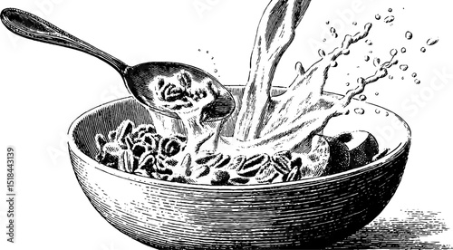 Engraved illustration of cereal bowl with splashing milk - classic art for kitchen decor