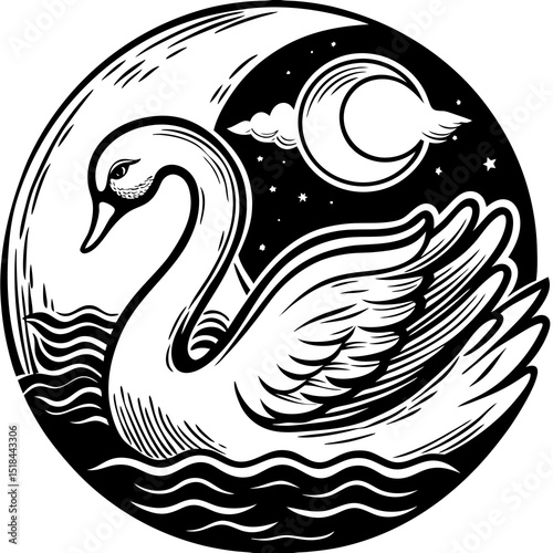 Swan and moon dreamlike soft whites and blues logo vector illustration