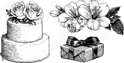 Bridal shower cake and gift with floral decor engraving for event design