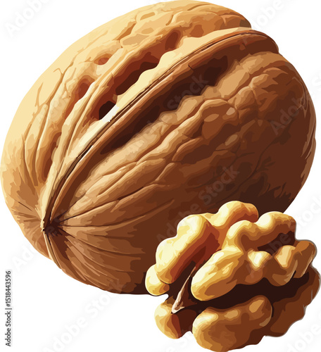 Realistic illustration of a walnut depicting shell and nut kernel on white background