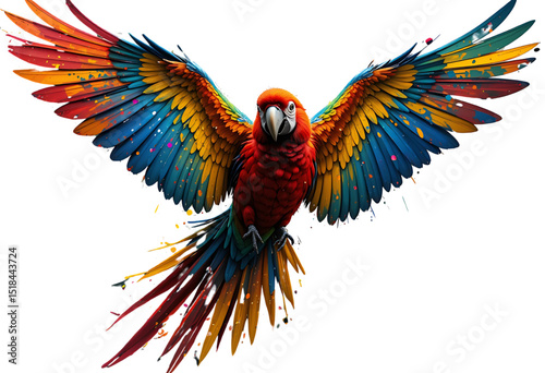 Colorful macaw in mid-flight with expressive paint splatter wings..
