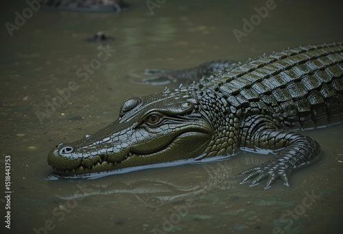 Crocodile lurking in muddy waters, textured scales in deep green oil tones.