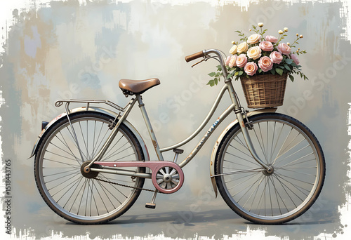 Oil paint style vintage bicycle with a flower basket, soft pastel brush textures, PNG vector.