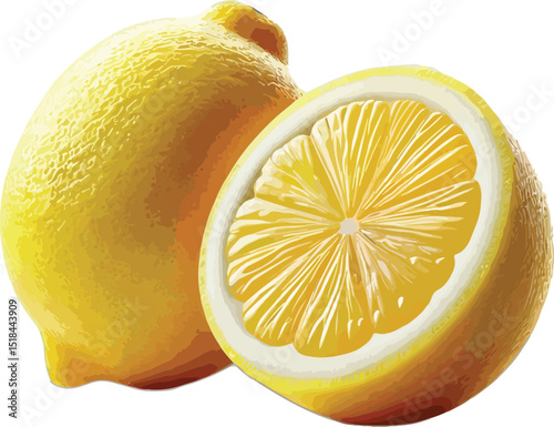 Vector illustration of a whole lemon and a half cut lemon with bright yellow citrus segments.