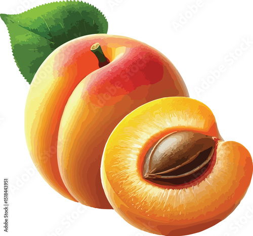 Vector illustration of fresh apricots with a cut-open half showing a seed and green leaf