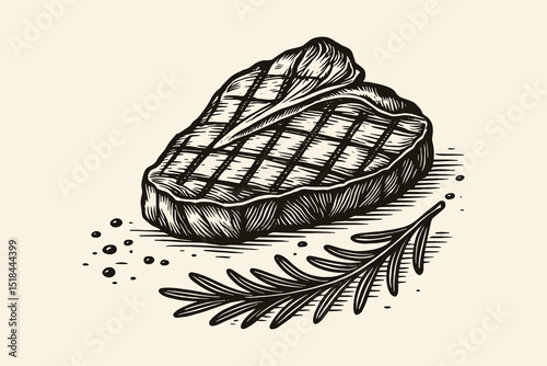 Grilled steak with rosemary engraving style vector illustration

