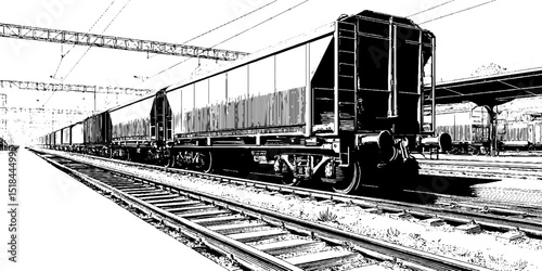Detailed engraved illustration of cargo train on railway tracks for transportation design