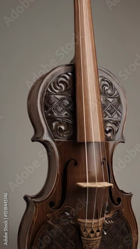 Ornate brown hardingfele showcasing intricate wood carvings and detailed design elements, a traditional Norwegian stringed instrument.