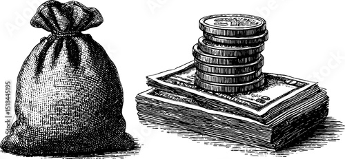 Vintage engraved illustration of cash, coins, and banknotes for financial design