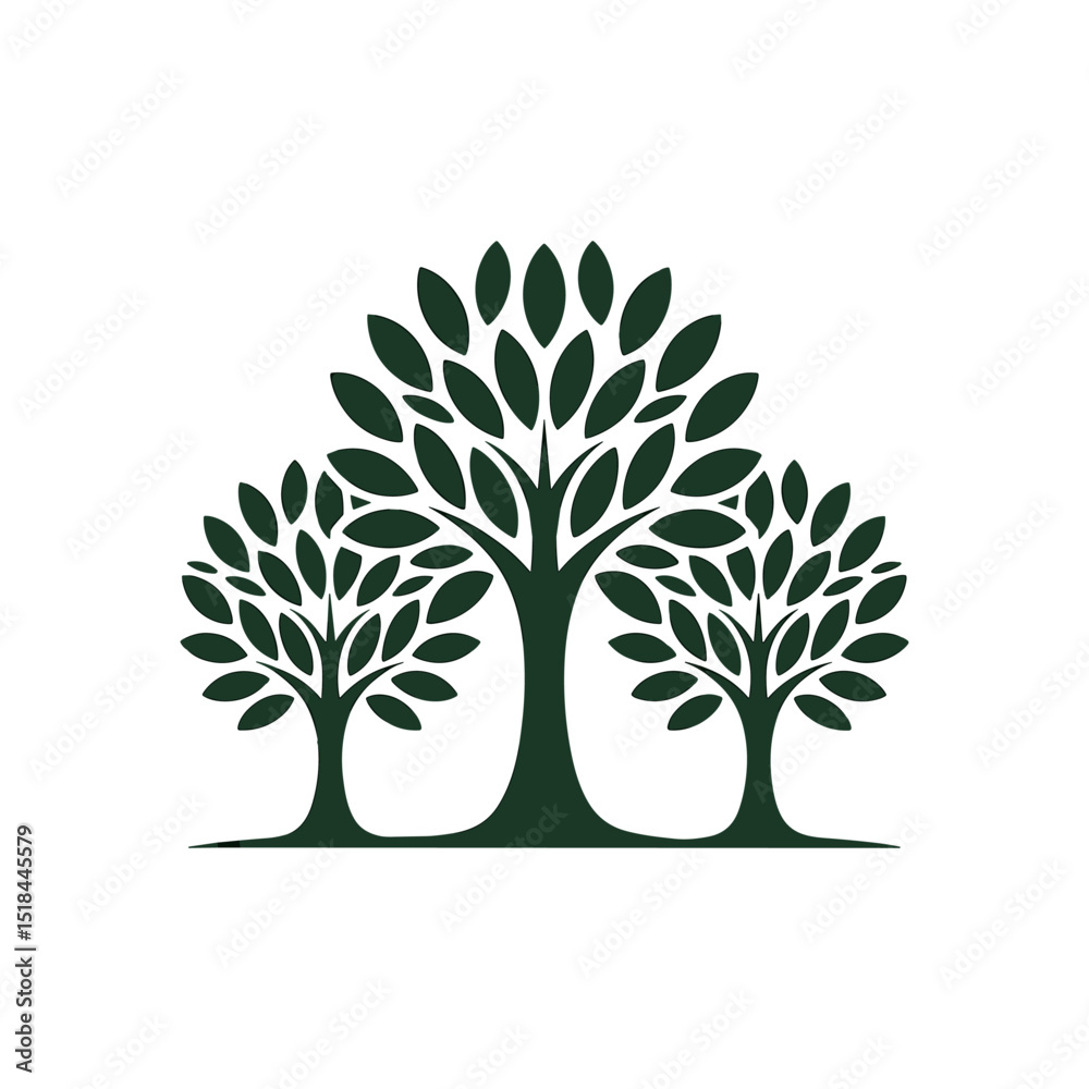 Obraz premium Unity in Nature: A symbolic representation of three vibrant trees with lush green foliage, rooted in a shared base, showcasing the beauty of nature's harmonious balance.