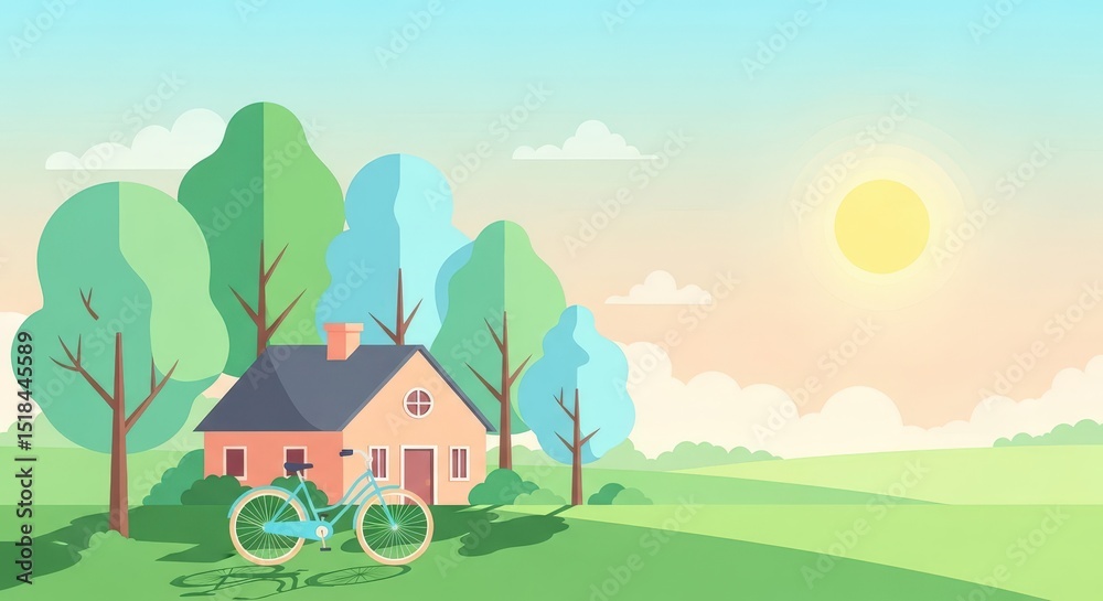Fototapeta premium A house in a green field with a bicycle and natural landscape. Summer day for real estate and healthy lifestyle.
