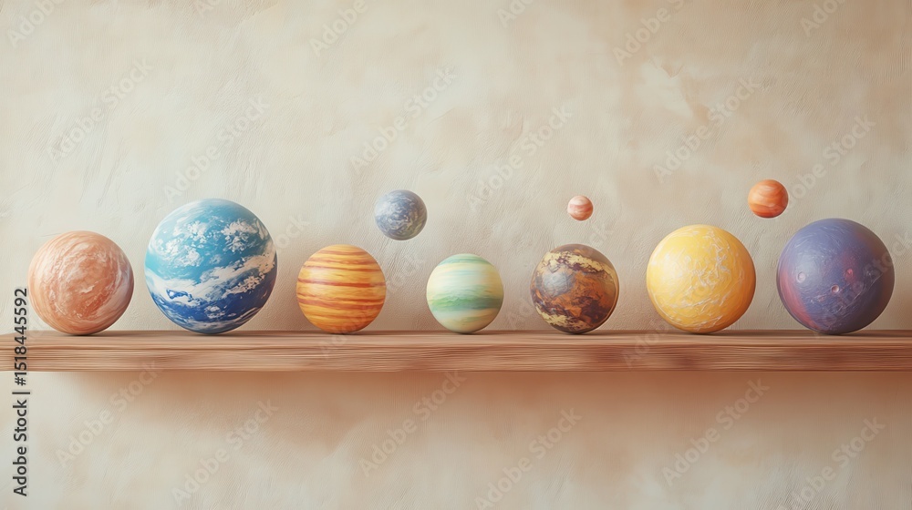 28.A charming scene of a solar system model on a wooden shelf, with vibrant planets arranged in a color and size progression, against a background of soft pastel classroom walls. 28.A charming scene of a solar system model on a wooden shelf, with vibrant planets arranged in a color and size progression, against a background of soft pastel classroom walls.
