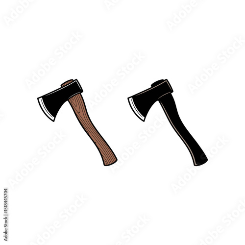 Axe Vector Graphic: Two axes, one with a wooden handle and the other with a black handle, presented as a clean, stylized vector graphic, perfect for adding a touch of ruggedness and craftsmanship.