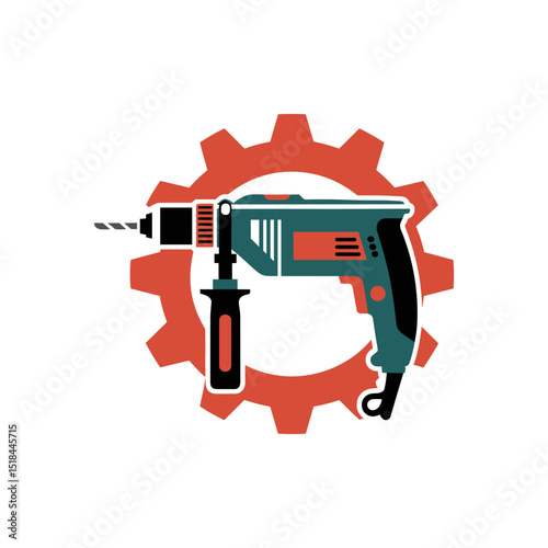 Power Tool Precision: A drill and cog graphic symbolizes power, precision, and mechanical ingenuity, set against a backdrop, perfect for conveying themes of construction or industry.