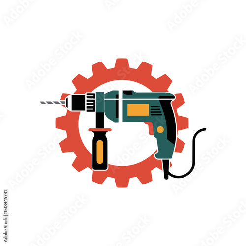 Powerful Drill: A robust electric drill, the ultimate tool for any construction or home improvement project, set against a backdrop of a mechanical gear, ready for action. 