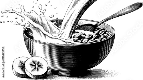 Engraved cereal bowl with milk splash and spoon - classic breakfast concept