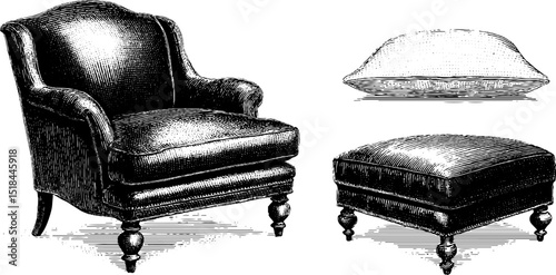 Vintage engraved set of chaise lounge, ottoman, and cushion design for home decor