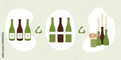 Scheme of upcycling elements. How to upcycle glass bottle. Handmade and DIY secondary use. Ecological, reasonable consumption and sustainable life concept. Hand drawn vector illustration