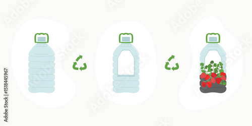 Scheme of upcycling elements. How to upcycle 5L bottle of water. Handmade and DIY secondary use. Ecological, reasonable consumption and sustainable life concept. Hand drawn vector illustration