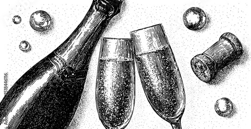 Elegant engraved champagne bottle with flutes and bubbles design for celebrations