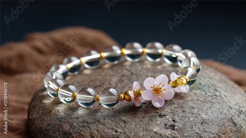 Elegant Gemstone Adornment: A close-up shot showcases a beautiful gemstone bracelet, with round, clear beads accented by a delicate flower, resting on a stone surface.