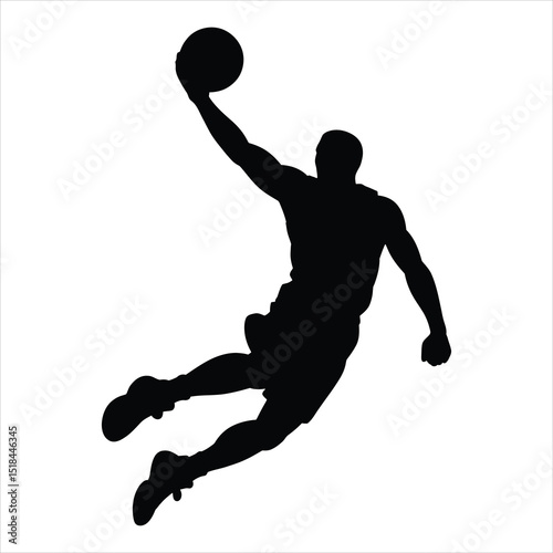 Basketball Dunk Silhouette Vector. Athletic Player Jumping with Ball in Action Pose.