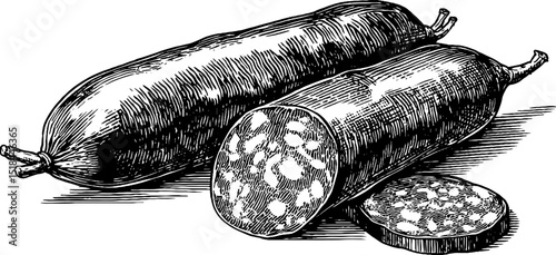 Engraved illustration of chorizo sausage set for culinary design
