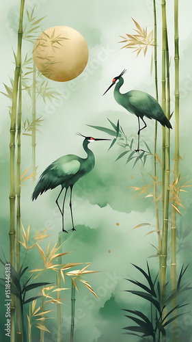 Polished, translucent jade texture, soft green and golden tones, Sumi-e ink painting style, with subtle silhouette motifs of bamboo and cranes.
