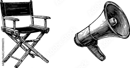 Vintage cinema tools: engraved director chair and megaphone illustration set for film enthusiasts