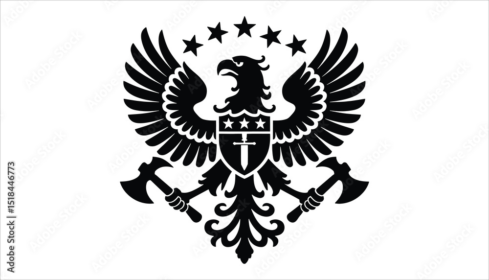 Obraz premium Heraldic Eagle Emblem Vector. Military Crest with Shield, Stars, and Double Axe Design.