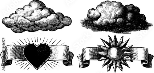 Vintage cloud shaped banner set with heart and sun illustrations for decorative design
