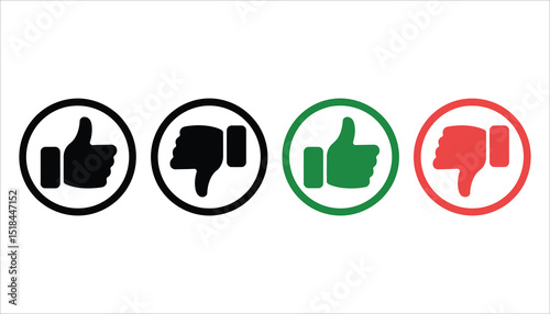 Thumbs Up and Down Icons Set. Black and Colored Approval Symbols on White Background.