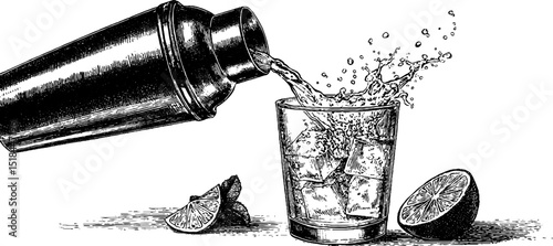Engraved illustration of cocktail shaker and glass with lime. Vintage detailed artistic drawing of citrus drink pour with ice.