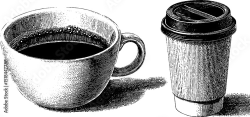 Vintage coffee cup and takeaway cup illustration set for cafe branding design