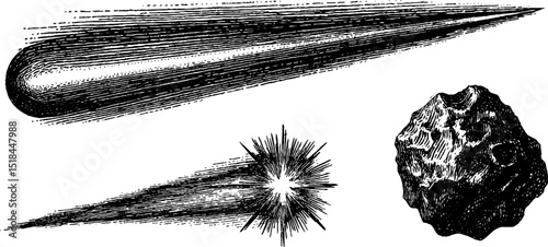 Vintage astronomical illustration of comets with tails and celestial bodies for historical exploration design