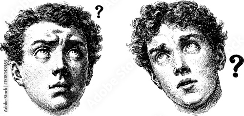 Engraved illustrations of confused faces with question marks for conceptual design and art
