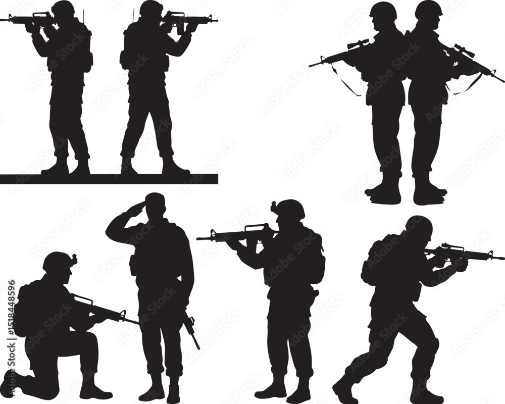 Naklejka premium Soldiers silhouetted in various combat poses for Veterans Day vector