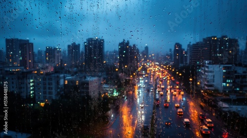 Rainy night city view from bedroom window