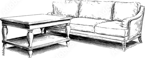 Vintage engraved corner sofa and table set design for interior inspiration