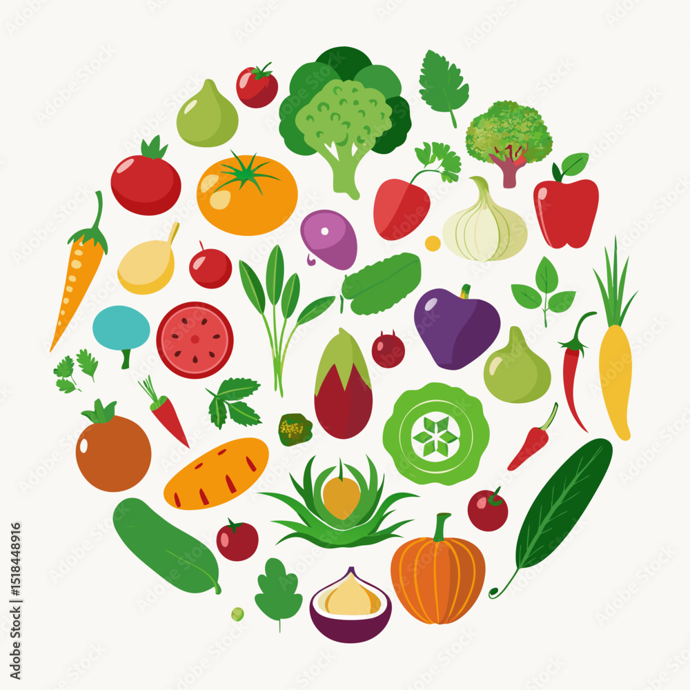 Colorful Variety of Fruits and Vegetables Circular arrangement various fruits vegetables flat design style fruits vegetables food healthy food diet nutrition circle illustration design flat Colorful Variety of Fruits and Vegetables Circular arrangement various fruits vegetables flat design style fruits vegetables food healthy food diet nutrition circle illustration design flat
