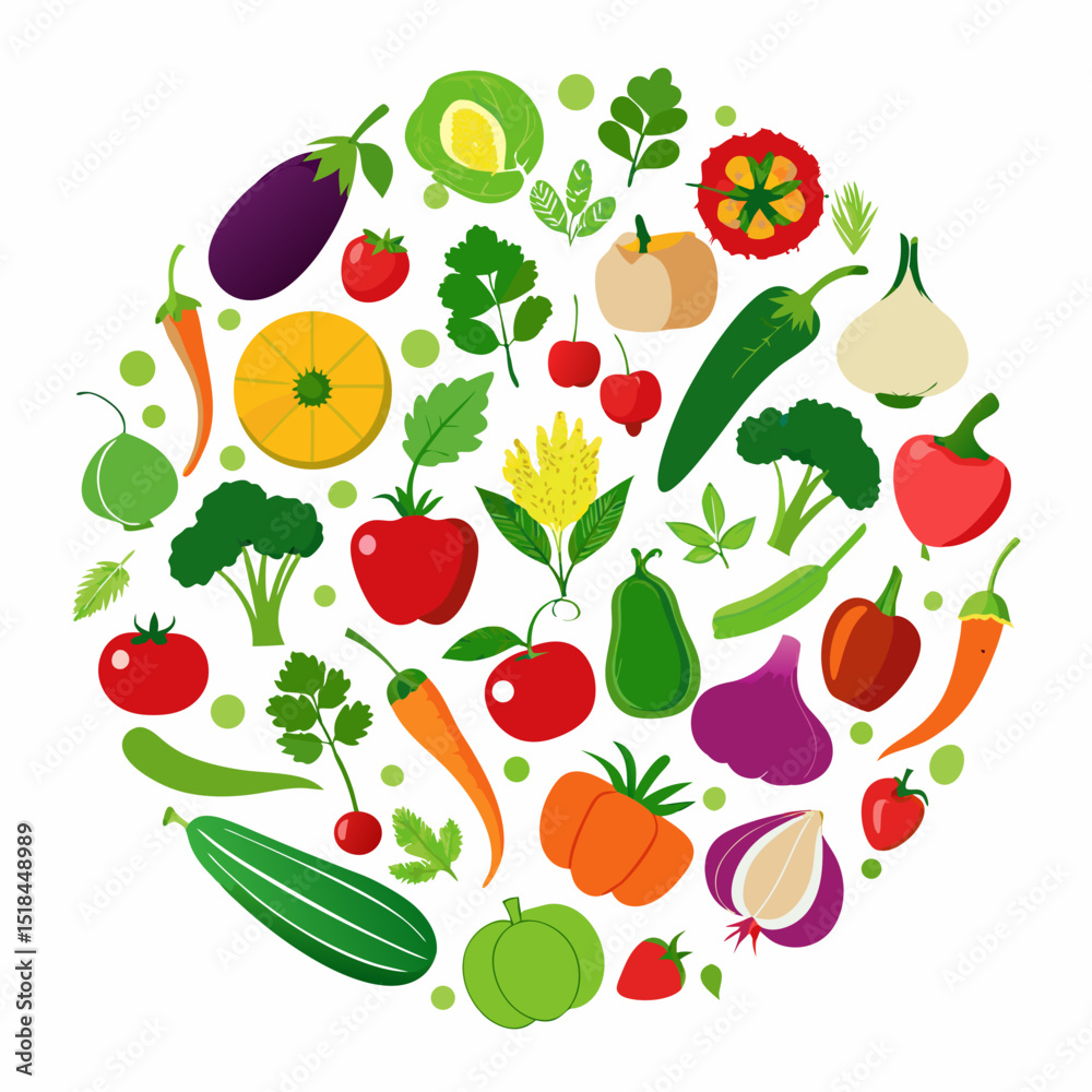 Fototapeta premium Colorful Circle of Fresh Fruits and Vegetables vibrant illustration various fruits vegetables arranged circular pattern vegetables fruits illustration circle food healthy design tomato apple orange