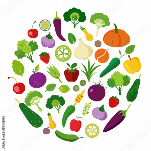 Colorful Circle of Fresh Fruits and Vegetables vibrant illustration various fruits vegetables arranged circular pattern fruits vegetables healthy food circle illustration food nutrition diet apple