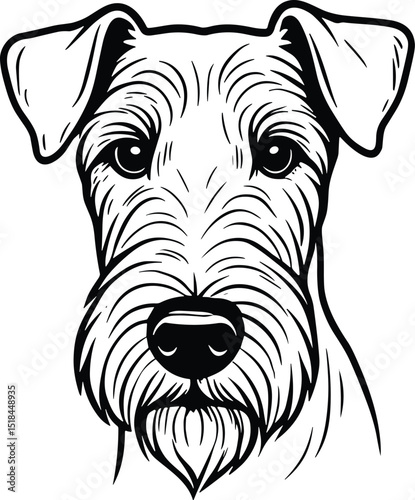 Messy line drawing of an Airedale Terrier dog’s face vector black silhouette print design