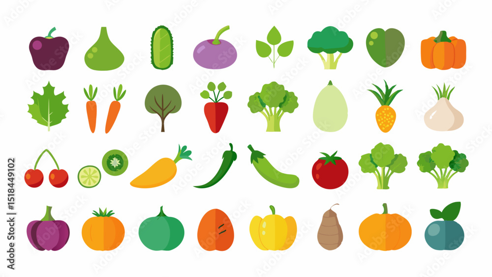 Colorful Flat Illustration of Various Vegetables and Fruits Collection diverse vegetables fruits flat design style including peppers carrots broccoli more vegetables fruits illustration flat design Colorful Flat Illustration of Various Vegetables and Fruits Collection diverse vegetables fruits flat design style including peppers carrots broccoli more vegetables fruits illustration flat design
